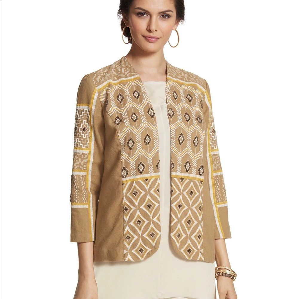Chico’s Diamond Artisan Patterned 3/4 Sleeve Linen Jacket Size 3 / XL